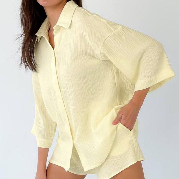 

women's tracksuits ladies yellow outfits two piece set streetwear summer button up pleated shirt lace shorts women matching 2, Gray