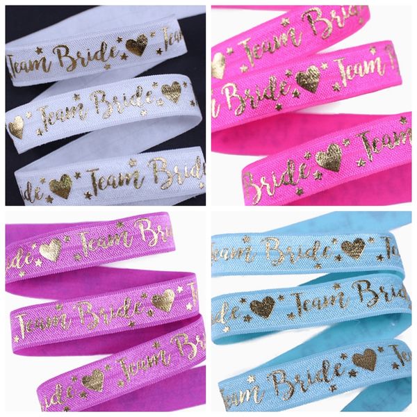 

100yards 5/8" gold foil text team bride foe ribbon hearts wedding fold over elastic welcome custom design, Pink;blue