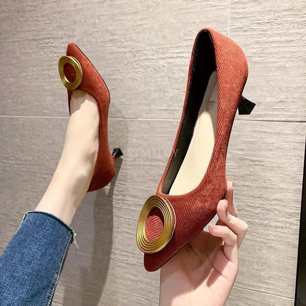 

dress shoes woman pointed toe office female slip on high heels round metal buckle pumps zapatos de mujer plataforma, Black