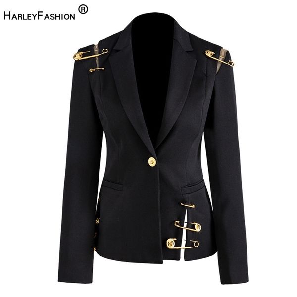 

harleyfashion high street stylish women blazer single button mesh patchwork pin slim quality black blazers 211019, White;black