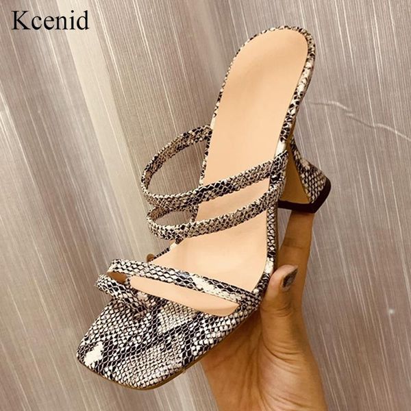 

kcenid snake print mules shoes women spike heel slippers summer high heels flip flops square toe slides ladies, Black