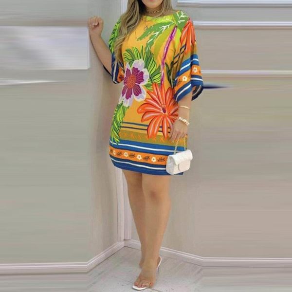 

party dresses women casual fashion floral printing beach mini round neck half sleeve elegant female pullover streetwear, White;black