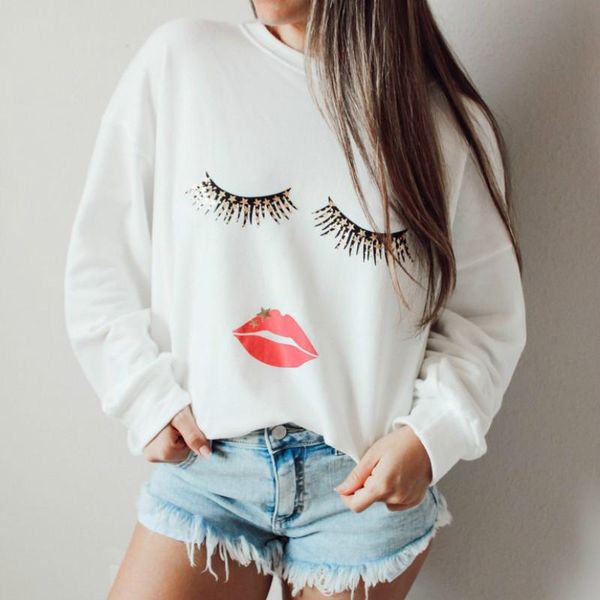 

women's hoodies & sweatshirts 2021 autumn sweatshirt women winter clothes casual hoodie vintage eyelash lip printed round neck lo, Black