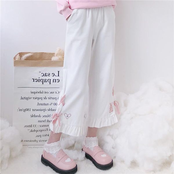 

women's pants & capris women japanese soft girl heart shap embroidery bandage bow ruffles hem casual female ankel length kawaii trouser, Black;white
