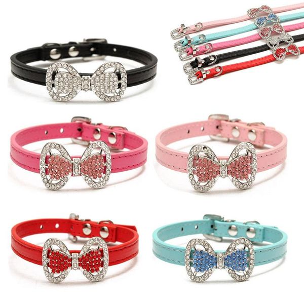 

safety small dog collar pet cat puppy crystal rhinestone adjustable pu leather collars & leashes