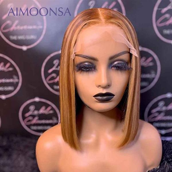 

highlight wig honey blonde blunt cut bob straight short human hair wigs ombre 13x4 lace frontal 150% remy1, Black;brown