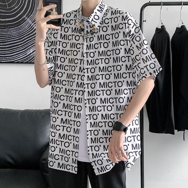 

men's casual shirts for men 20121 summer style short-sleeved shirt loose printing streetwear oversized button up harajuku, White;black