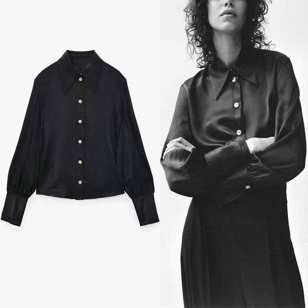 

satin black office shirt women long sleeve metal button slim blouse female fashion vintage 210518, White