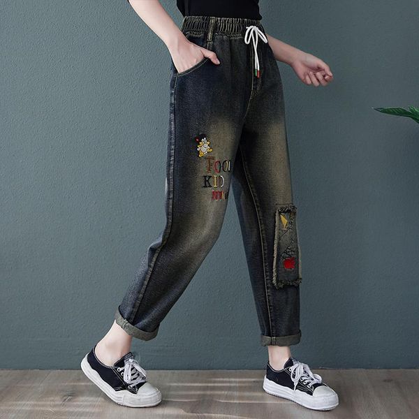 

art women printed harajuku letters embroidery jeans patchwork elastic drawstring waist loose casual denim trousers kawaii pocket women', Blue