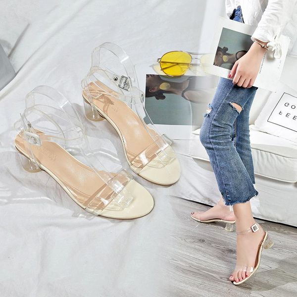 

peep toe ankle strap women sandals med clear square heel shoes back buckle summer casual, Black