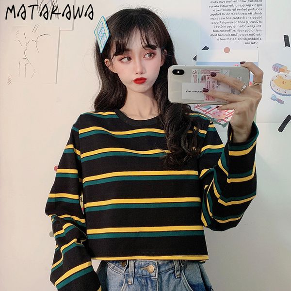 

matakawa crop women sweet round neck ladies t-shirt loose casual striped long sleeve t shirt 210513, White