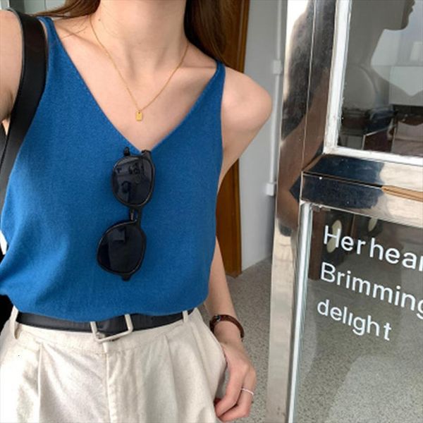 

solid sleeveless korean loose curling womens camis elastic knitting simple v neck strapless tanks, White
