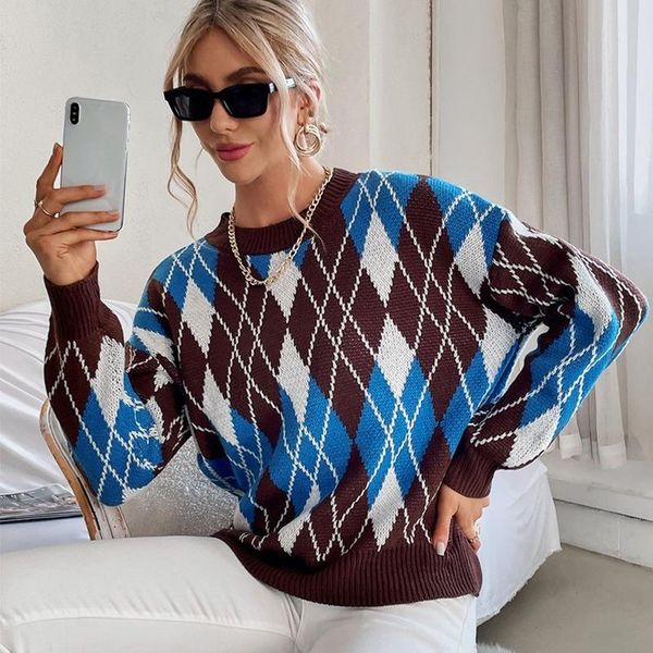 

women's sweaters autumn winter knitted argyle sweater women casual vintage pullovers ladies loose warm knitwear jumper streetwear, White;black