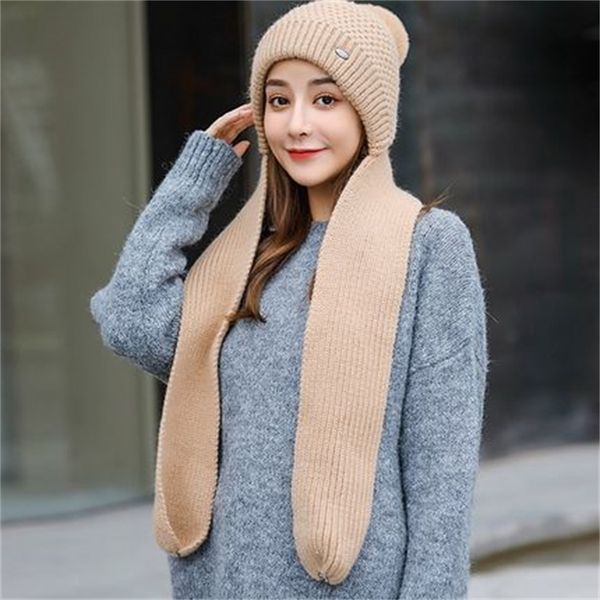 

brand caps winter wool hat female scarf with one body warm and fashionable korean lovely one-piece two-piece suit ball man, Blue;gray