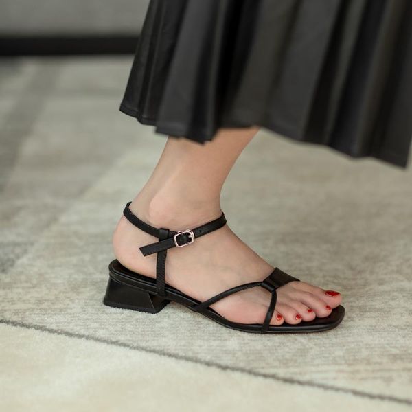 

summer sandals for women genuine leather think low heeled natural casual solid office lady shoes, Black
