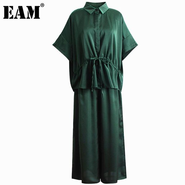 

[eam] wide leg pants green big size two piece suit lapel half sleeve black loose fit women fashion tide spring autumn 2021 women's, White