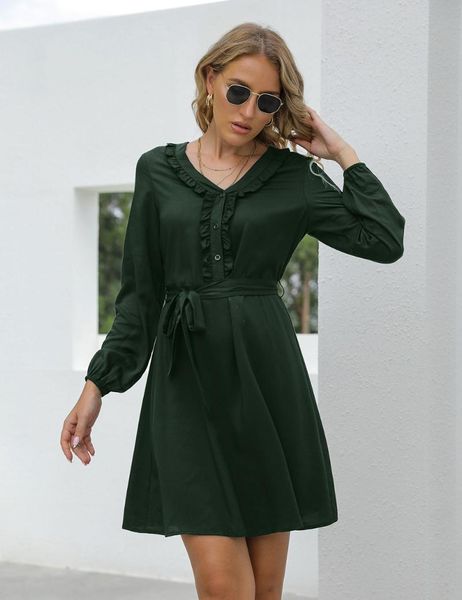 

casual dresses women robe femme solid color a-line single-breasted ruffles bandage long sleeve slim dress for woman vestido de mujer, Black;gray