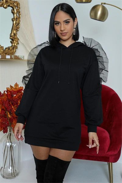 

ruffles dress solid color fashion cotton woman office ladies long sleeve loose mini casual dresses, Black;gray