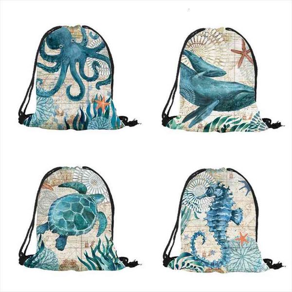 

blue marine animal women backpack seahorse turtle ocs 3d printing travel shoulder bags mochila men gym sack drawstring bag
