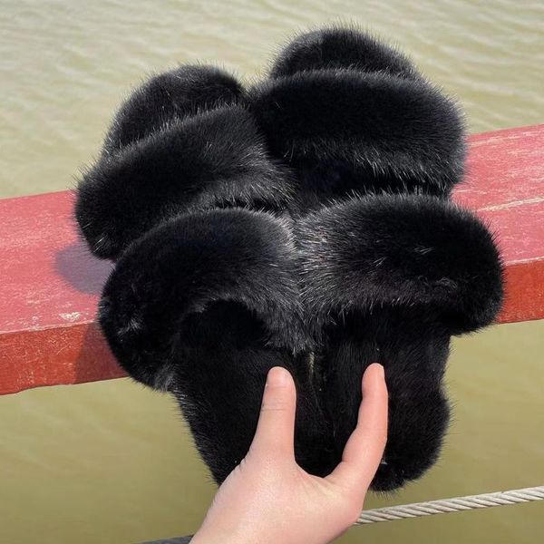 

summer fur slides , ladies sandals, real mink slippers ,pink,open toe, fluffy plush shoes sandals, Black