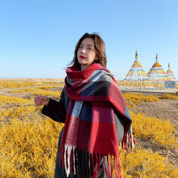 

scarves korean plaid scarf acne ins wild thickened cashmere women autumn winter warm shawl myrtle store, Blue;gray