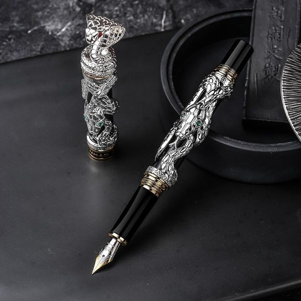 

jinhao double dragon / snake vintage luxurious fountain pen holder full metal carving embossing heavy gift collection pens
