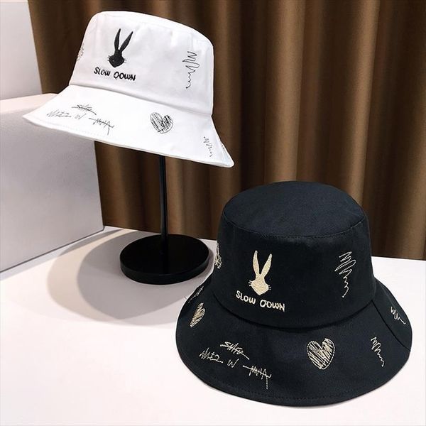 

bucket hat embroidery women black white rabbit hip hop men summer beach fishing travel sun protection panama cap, Blue;gray