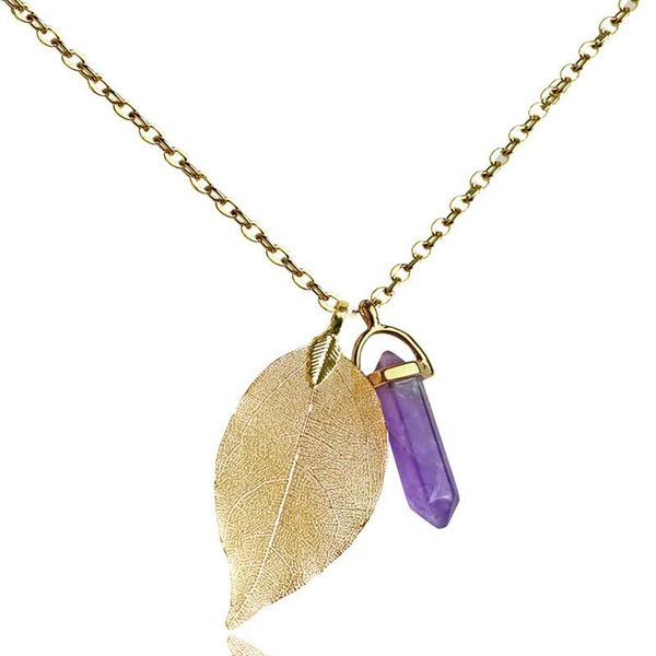 

pendant necklaces quartz crystal necklace purple boho natural leaf yoga energy healing jewelry 2021, Silver