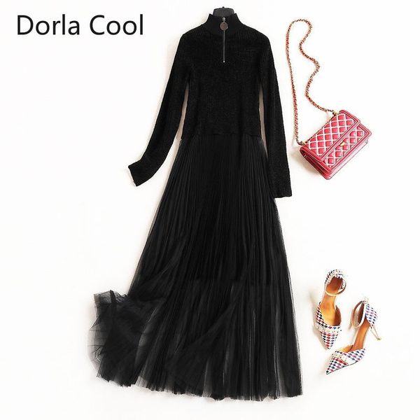 

casual dresses 2021 women's midi long dress turtle neck knitted patchwork mesh ruffles vintage elegant lady winter retro basic vestido, Black;gray