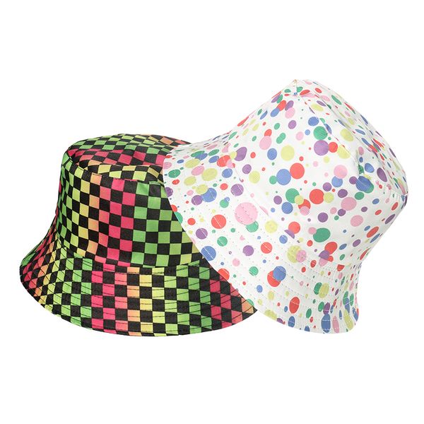 

fashion outdoor sun panama caps reversible rainbow multicolor check dot pattern bucket hats hip hop, Blue;gray