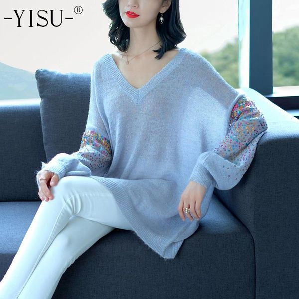 

women's sweaters yisu fashion mohair 2021 autumn casual sweater women jumper cold shoulder wool pullover sequin long female, White;black