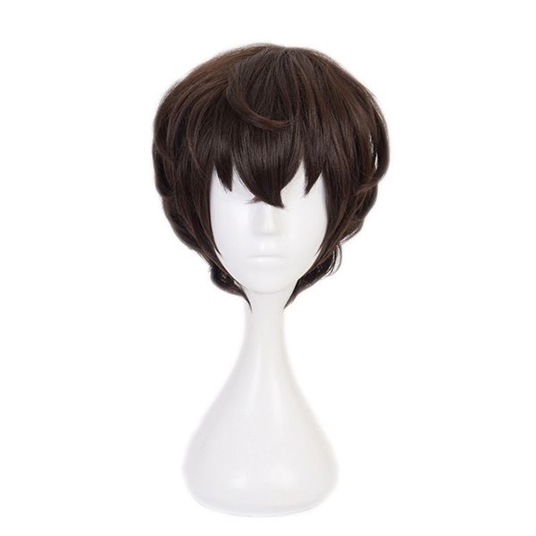 

anime bungo stray dogs dazai osamu wig heat resistant short brown curly hair cosplay costume wigs + track no. + wig cap, Black
