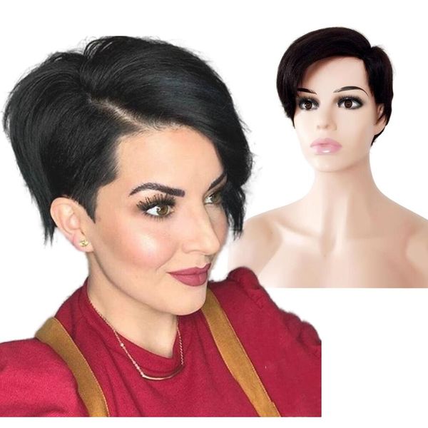 

short pixie cut human hair wigs lace part straight bob wig natural color brazilian hair for black women, Black;brown