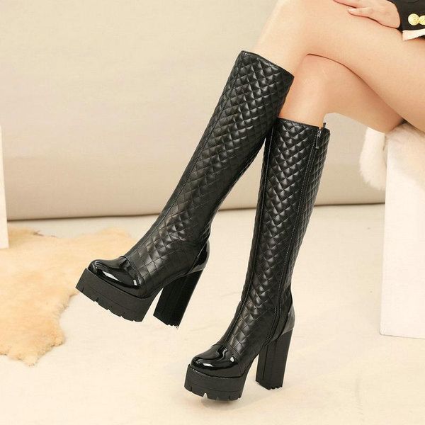 

boots black white women knee high platform square heel ladies winter side zipper female shoes big size 34-43