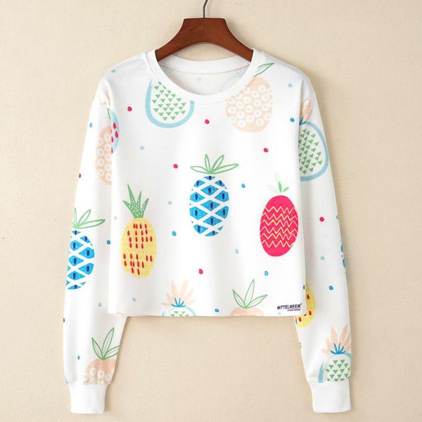 

women's hoodies & sweatshirts autumn european station round neck pullover color pineapple printed long sleeve short fashion, Black