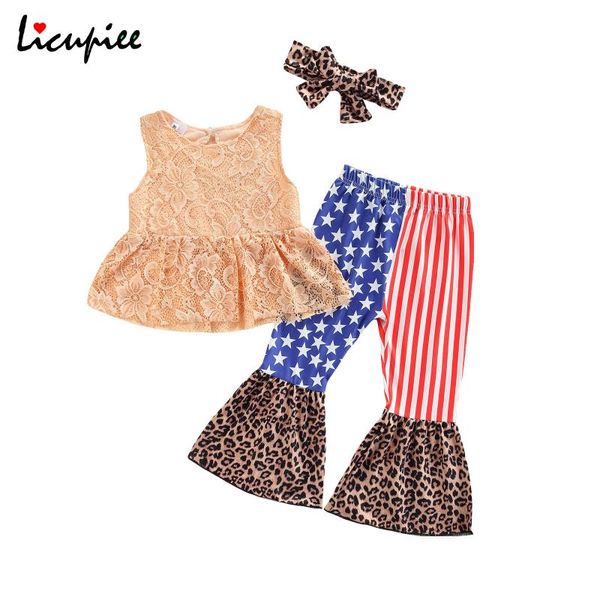 

clothing sets 2-7 years summer girls independence day clothes set, floral embroidery +leopard print flared trousers+headband, White