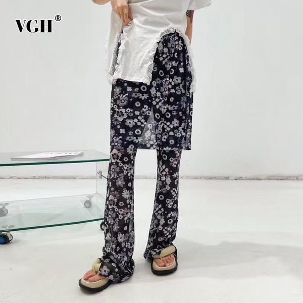 

women's two piece pants vgh black print set for women elastic high waist mini skirt loose wide leg casual split sets female 2021 fashio, White