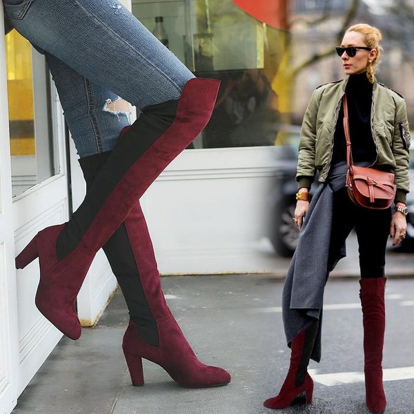 

boots women winter thigh high over the knee long black booties stretchable block heels female shoes plus size 34-43