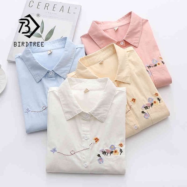 

autumn new women floral embroidery cotton white shirt full sleeve button up casual pockets blouse spring girl sweet t14801f 210430