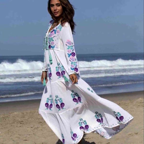 Jastie Abito lungo ricamato floreale Nappa scollo a V manica lunga Autunno Boho Abito vintage Hiipie Chic Abiti da spiaggia Vestidos 210419