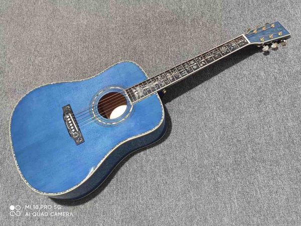Chitarra acustica a forma di D con top in abete massiccio massiccio personalizzato e retro in acero impiallacciato di colore blu