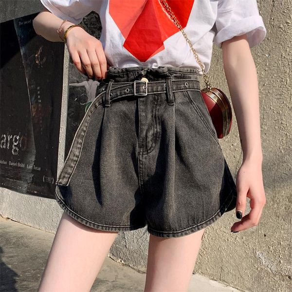 

women's jeans high waist women denim shorts smoke gray wide leg students girls pants casual cowboy belt, Blue