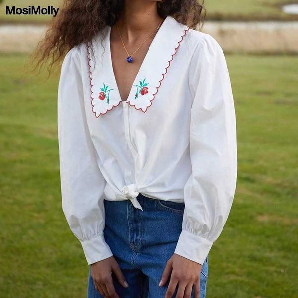 

women's t-shirt mosimolly chic flower embroidery blouses shirt women peter pan collar white blouses female blusas s 7yrc