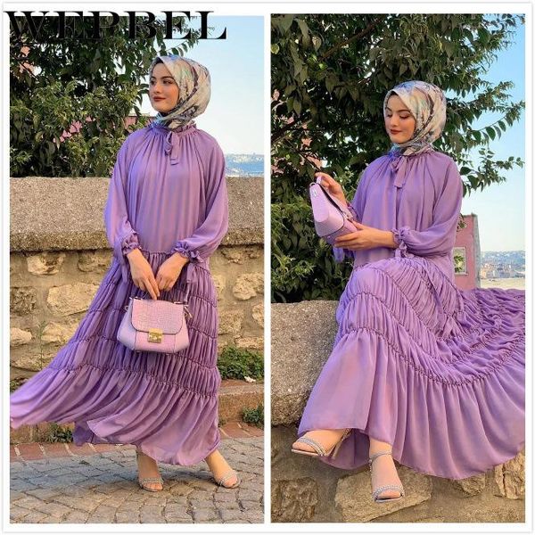 

ethnic clothing wepbel women's elegant solid color chiffon dress muslim stitching pleated long sleeve o-neck high waist arab dubai, Red