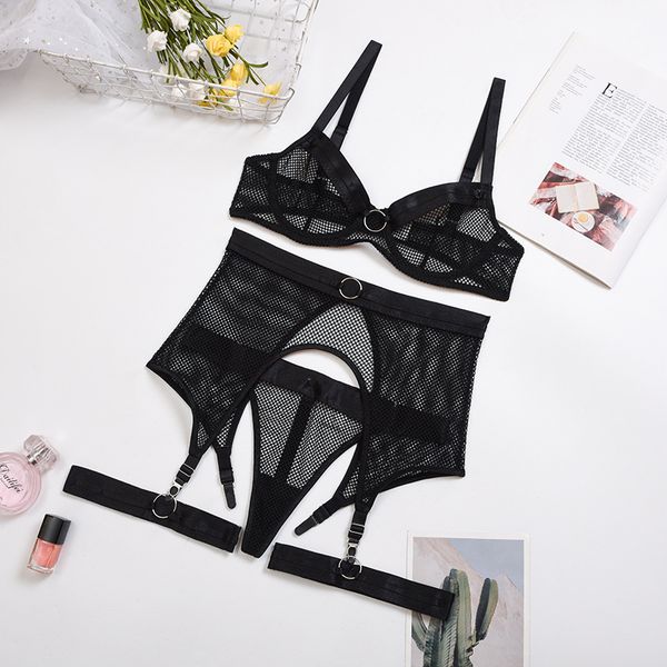 

3-piece mesh bra set women transparent ring underwear set underwire adies ingerie set with garter bet, Red;black
