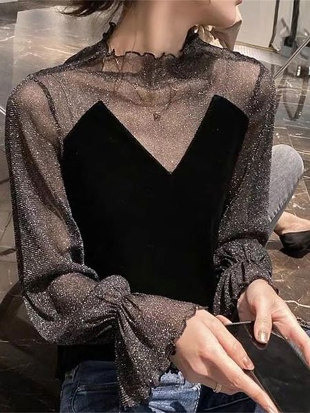 

women's t-shirt gold velvet bottoming shirt, all-match high-end lace in autumn and winter, with western flashing mesh woman tshirts, White