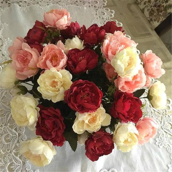

head/bouquet european pretty wedding mini peony rose artificial silk flower bouquet flores bride home decor fake flowers decorative & wreath