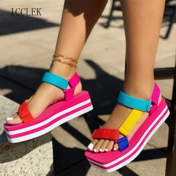 

sandals 2021 summer wedges shoes for women open toe beach female multicolor slingback platform ladies plus size, Black