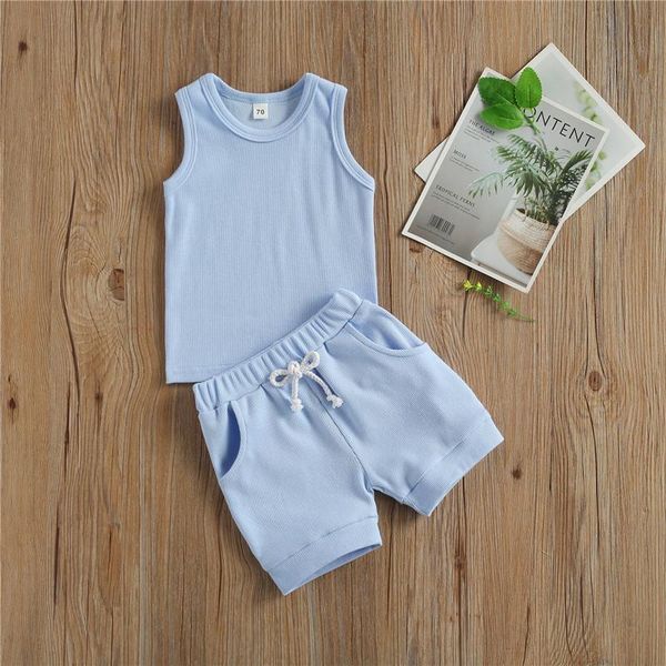

clothing sets infant born baby sleeveless solid color shorts kids boys girls set, White