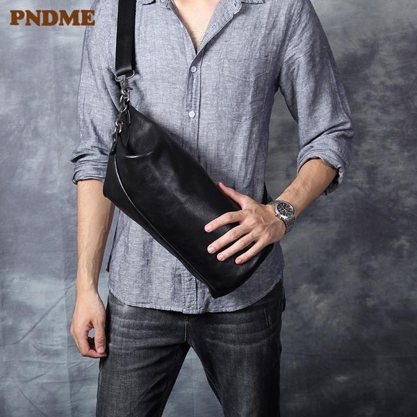

trend personality men's genuine leather black chest bag casual simple outdoor soft cowhide teens fashion messenger bags waist